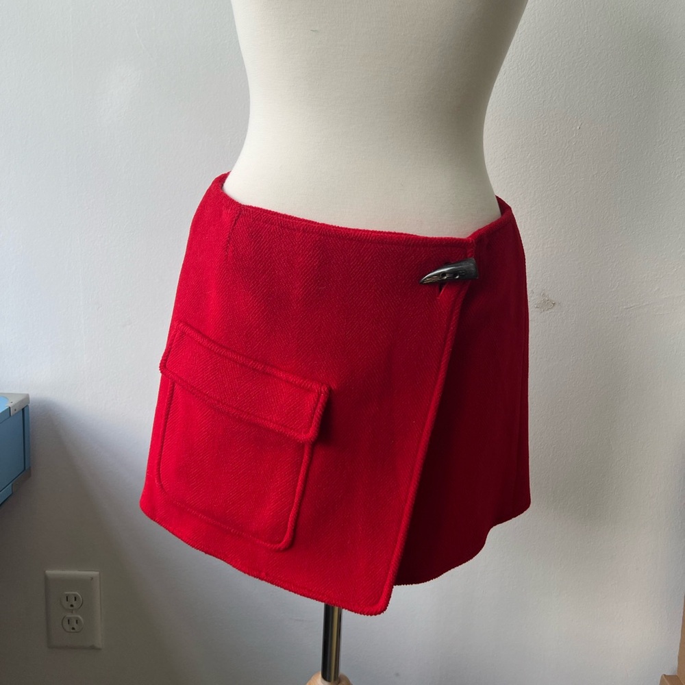 Burberry Red Wool Wrap Mini Skirt